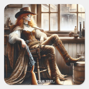 Fantasy Cute Red Hair Cowgirl Fyrkantigt Klistermärke