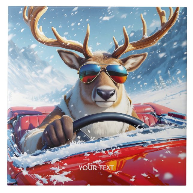 Fantasy Cute Reindeer Car Winter Kakelplatta (Framsidan)