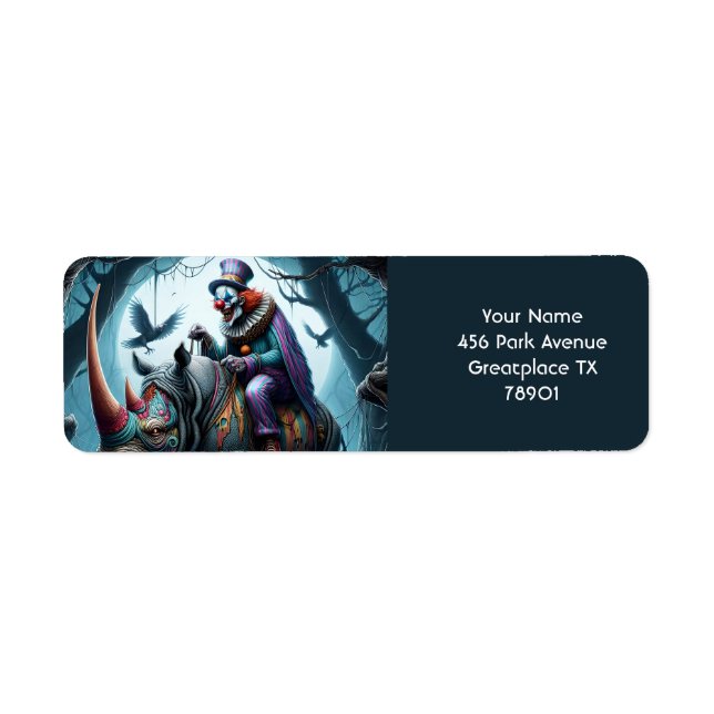 Fantasy Cute Rhino Clown Träd Returadress Etikett (Framsidan)