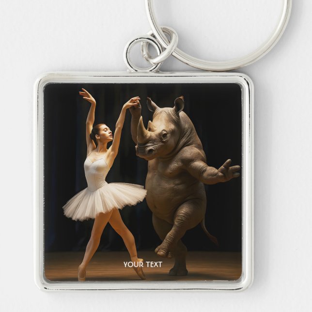 Fantasy Cute Rhino Dancer Ballerina Fyrkantig Silverfärgad Nyckelring (Framsidan)
