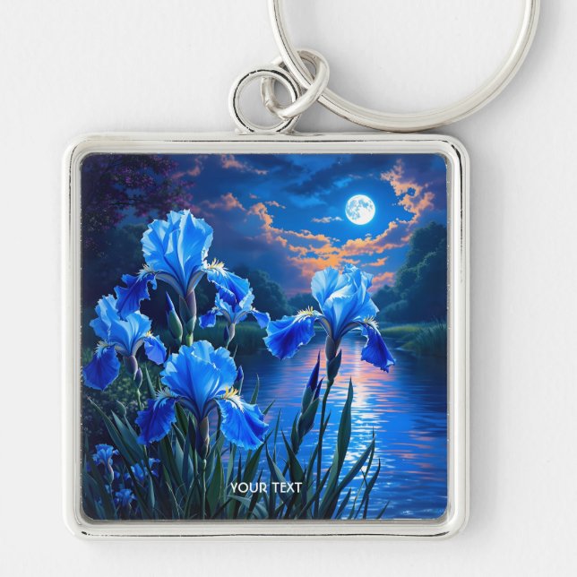 Fantasy Cute River Blue Irises Fyrkantig Silverfärgad Nyckelring (Framsidan)