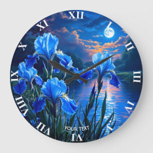 Fantasy Cute River Blue Irises Stor Klocka