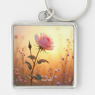 Fantasy Cute Ro Fält Flowers Fyrkantig Silverfärgad Nyckelring