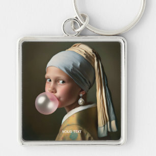 Fantasy Cute Rosa Bubble Gum Fyrkantig Silverfärgad Nyckelring