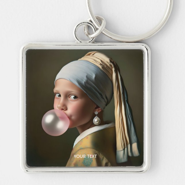 Fantasy Cute Rosa Bubble Gum Fyrkantig Silverfärgad Nyckelring (Framsidan)