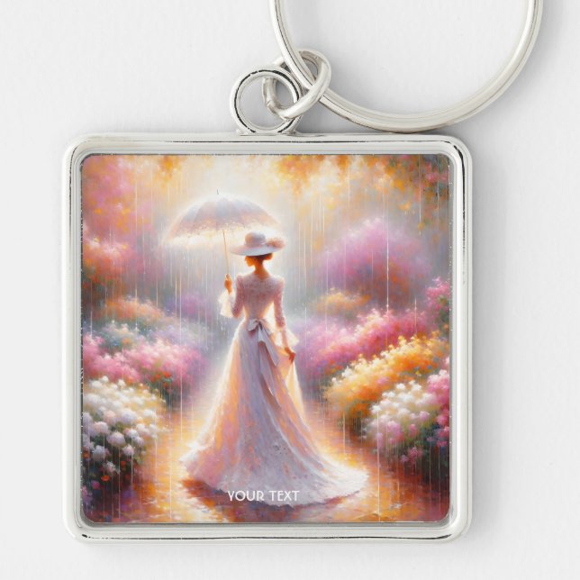 Fantasy Cute Rosa Garden Umbrella Fyrkantig Silverfärgad Nyckelring (Framsidan)