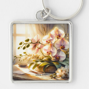 Fantasy Cute Rosa Orchids Watercolor Fyrkantig Silverfärgad Nyckelring