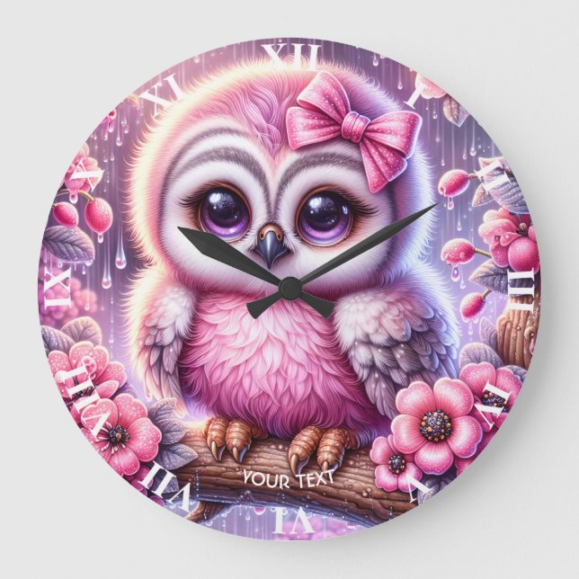 Fantasy Cute Rosa Uggla Sakura Stor Klocka (Framsida)