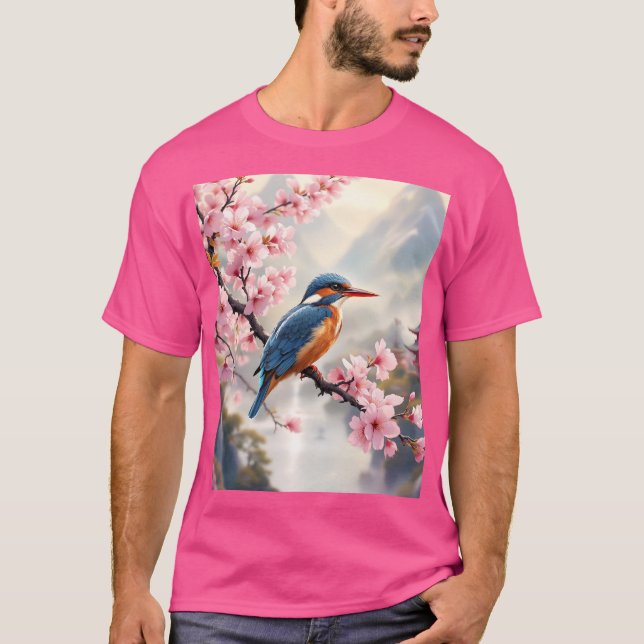 Fantasy Cute Sakura Bird Blue T Shirt (Framsida)