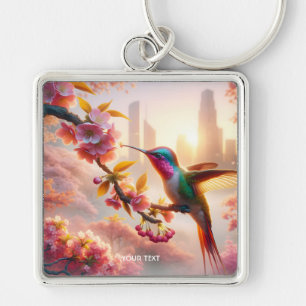 Fantasy Cute Sakura Bird City Fyrkantig Silverfärgad Nyckelring
