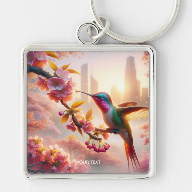 Fantasy Cute Sakura Bird City Fyrkantig Silverfärgad Nyckelring (Framsidan)