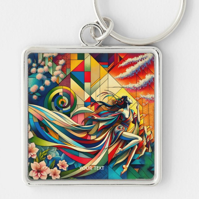 Fantasy Cute Sakura Modern Girl Fyrkantig Silverfärgad Nyckelring (Framsidan)