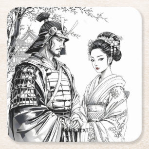 Fantasy Cute Samurai Geisha Pencil Underlägg Papper Kvadrat