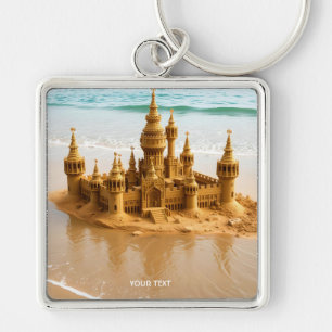 Fantasy Cute Sand Castle Beach Fyrkantig Silverfärgad Nyckelring