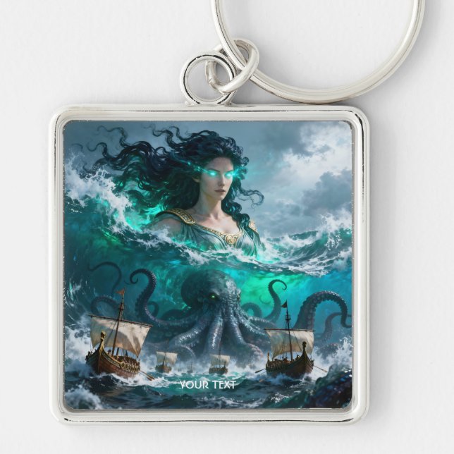 Fantasy Cute Sea Ancient Creature Fyrkantig Silverfärgad Nyckelring (Framsidan)