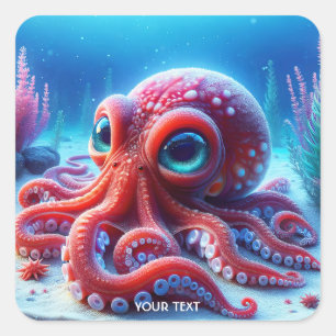 Fantasy Cute Sea Red Octopus Fyrkantigt Klistermärke