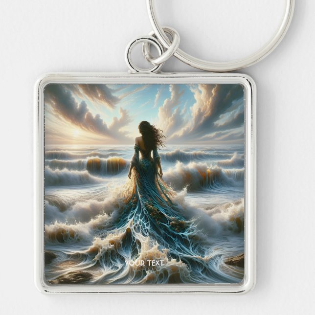 Fantasy Cute Sea Wave Girl Fyrkantig Silverfärgad Nyckelring (Framsidan)