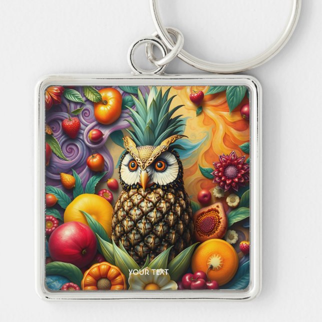 Fantasy Cute Serene Pineapple Uggla Fyrkantig Silverfärgad Nyckelring (Framsidan)