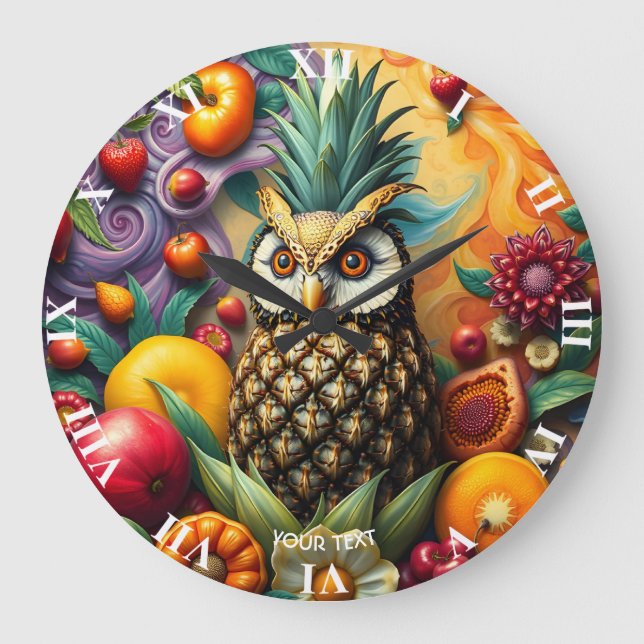 Fantasy Cute Serene Pineapple Uggla Stor Klocka (Framsida)