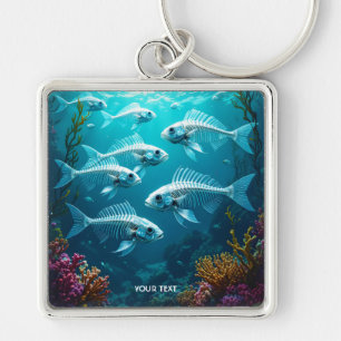 Fantasy Cute Skeleton Fish School Fyrkantig Silverfärgad Nyckelring