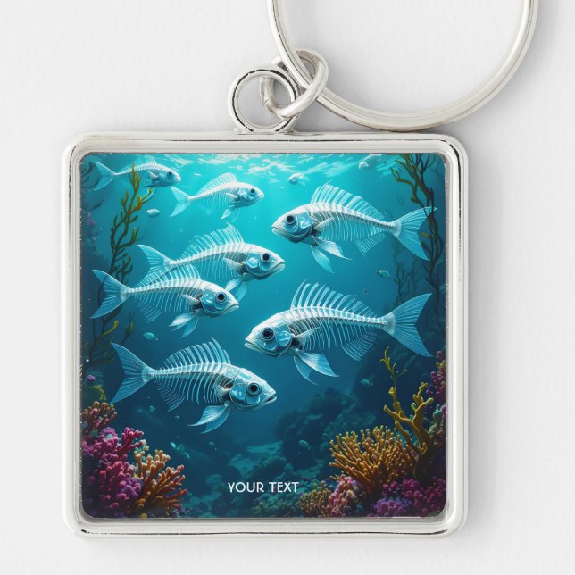 Fantasy Cute Skeleton Fish School Fyrkantig Silverfärgad Nyckelring (Framsidan)