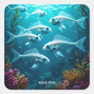 Fantasy Cute Skeleton Fish School Fyrkantigt Klistermärke