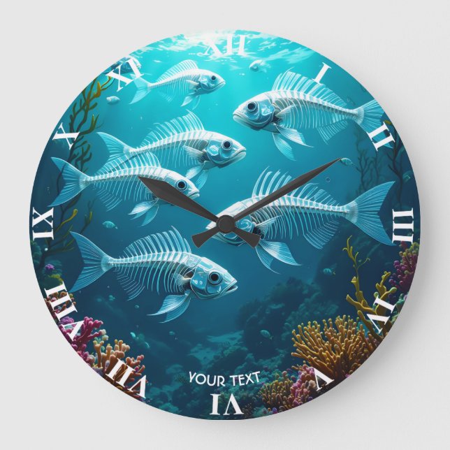 Fantasy Cute Skeleton Fish School Stor Klocka (Framsida)