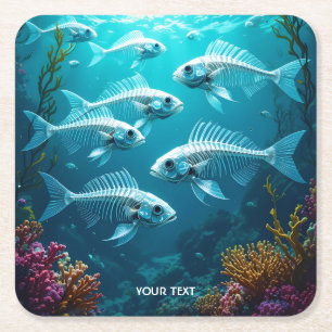 Fantasy Cute Skeleton Fish School Underlägg Papper Kvadrat