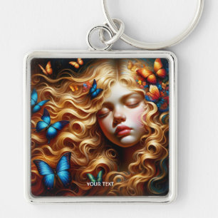 Fantasy Cute Sleeping Girl Butterflies Fyrkantig Silverfärgad Nyckelring