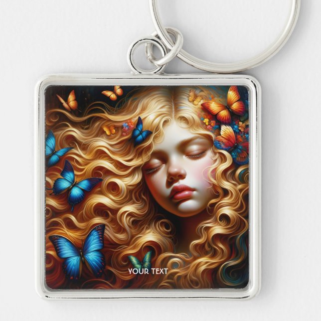 Fantasy Cute Sleeping Girl Butterflies Fyrkantig Silverfärgad Nyckelring (Framsidan)