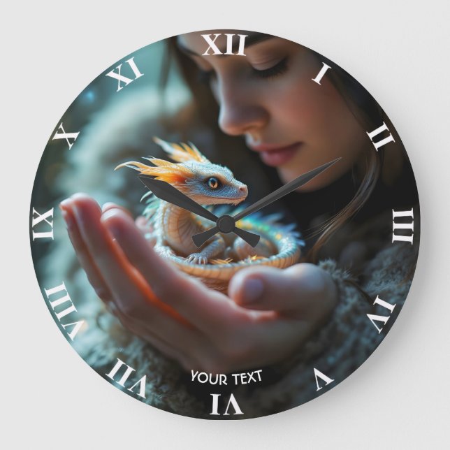 Fantasy Cute Small Baby Dragon Stor Klocka (Framsida)
