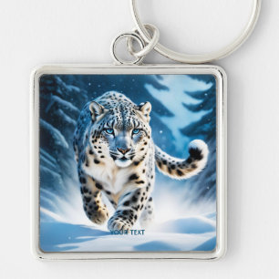 Fantasy Cute Snö Leopard Running Fyrkantig Silverfärgad Nyckelring
