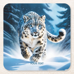 Fantasy Cute Snö Leopard Running Underlägg Papper Kvadrat