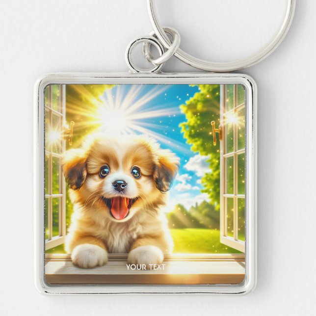 Fantasy Cute Sol Baby Hund Fyrkantig Silverfärgad Nyckelring (Framsidan)