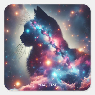 Fantasy Cute Space Cat Stars Fyrkantigt Klistermärke