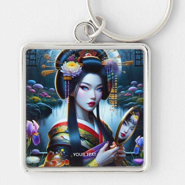 Fantasy Cute Spegel Girl Kimono Fyrkantig Silverfärgad Nyckelring (Framsidan)