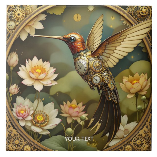 Fantasy Cute Steampunk Bird Clock Kakelplatta (Framsidan)