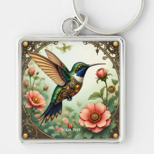 Fantasy Cute Steampunk Bird Flowers Fyrkantig Silverfärgad Nyckelring