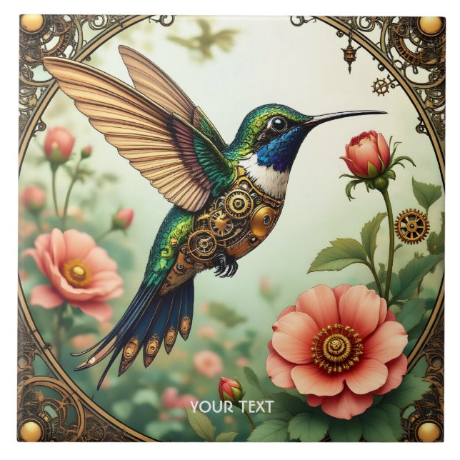 Fantasy Cute Steampunk Bird Flowers Kakelplatta (Framsidan)