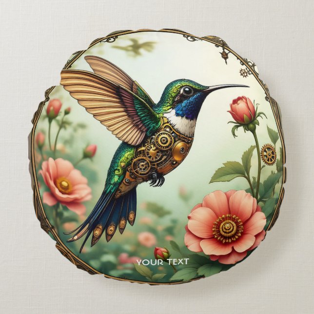 Fantasy Cute Steampunk Bird Flowers Rund Kudde (Framsidan)