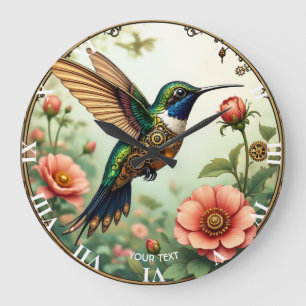 Fantasy Cute Steampunk Bird Flowers Stor Klocka