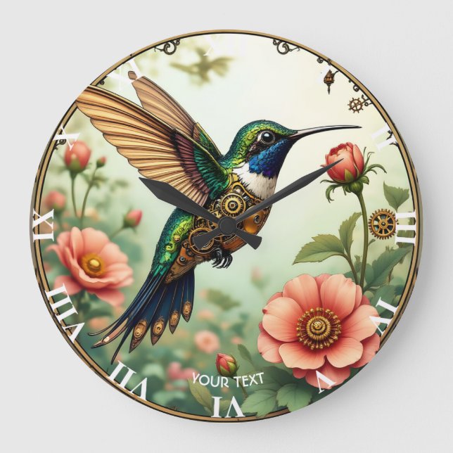 Fantasy Cute Steampunk Bird Flowers Stor Klocka (Framsida)