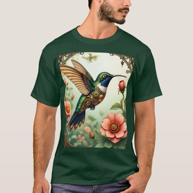 Fantasy Cute Steampunk Bird Flowers T Shirt (Framsida)