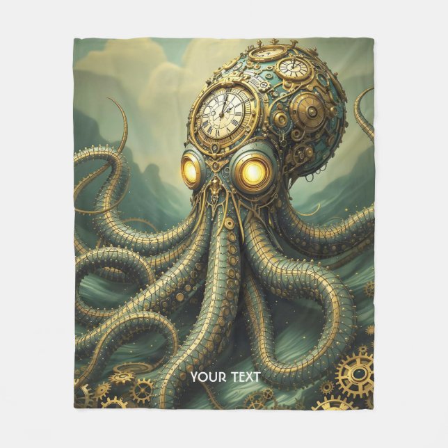 Fantasy Cute Steampunk Clock Kraken Fleecefilt (Framsidan)