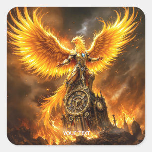 Fantasy Cute Steampunk Flames Phoenix Fyrkantigt Klistermärke