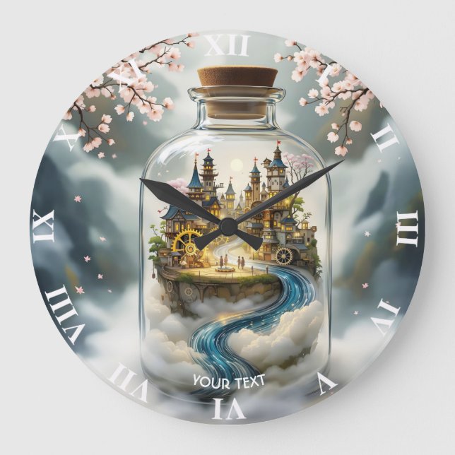 Fantasy Cute Steampunk Flaska City Stor Klocka (Framsida)