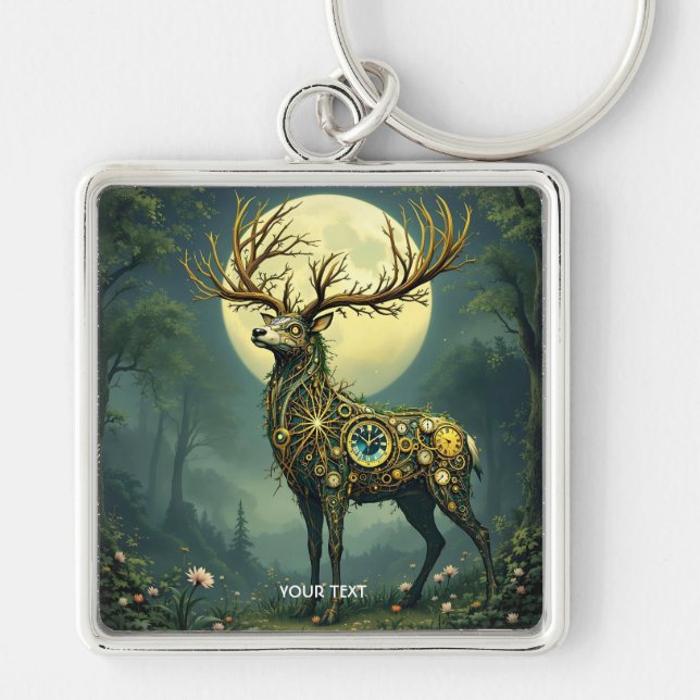 Fantasy Cute Steampunk Hjort Forest Fyrkantig Silverfärgad Nyckelring (Framsidan)