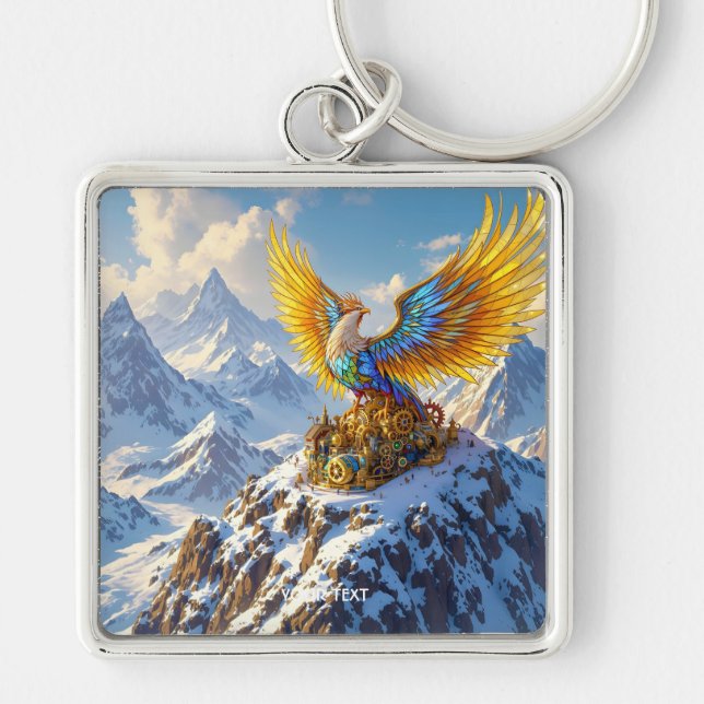 Fantasy Cute Steampunk Mountains Phoenix Fyrkantig Silverfärgad Nyckelring (Framsidan)