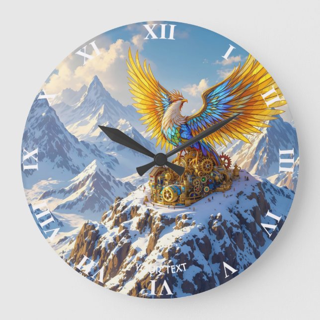 Fantasy Cute Steampunk Mountains Phoenix Stor Klocka (Framsida)