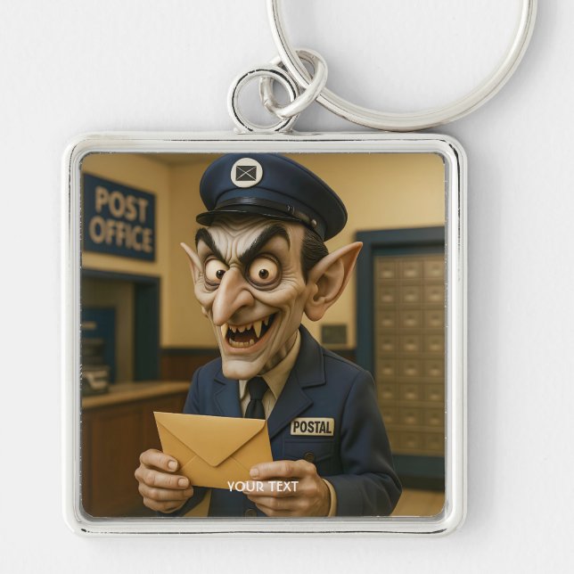 Fantasy Cute Strange Postal Worker Fyrkantig Silverfärgad Nyckelring (Framsidan)